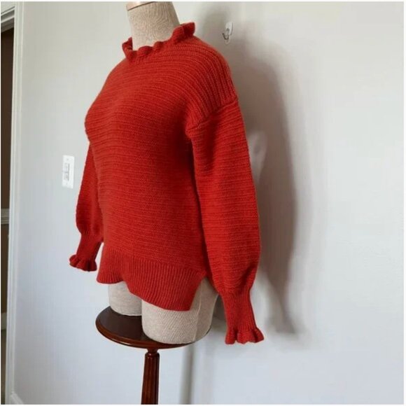 Madewell Ruffle-Neck Cotton-Merino Pullover Sweater in Fresh Chili Size Small - Picture 5 of 8